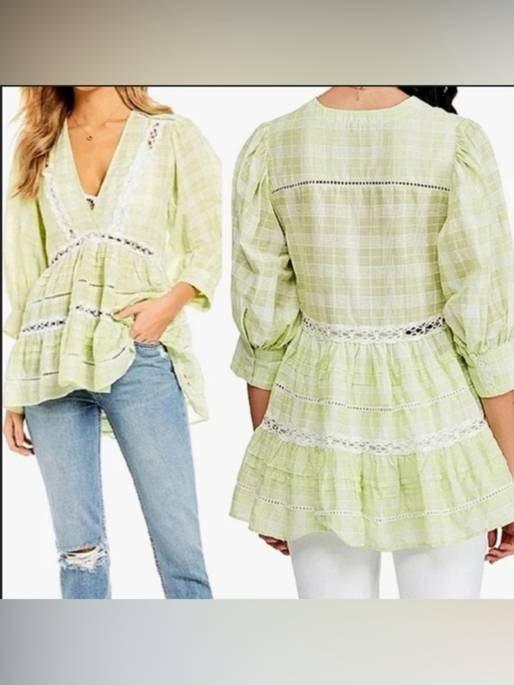 Free People Womens Small Time Out Tunic Shirt Top Crochet Trim Green